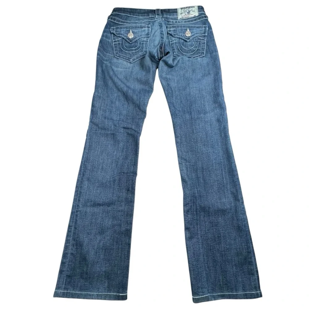 True Religion Women 25 Straight Distressed Medium Wash Low Rise Jean Flap Pocket